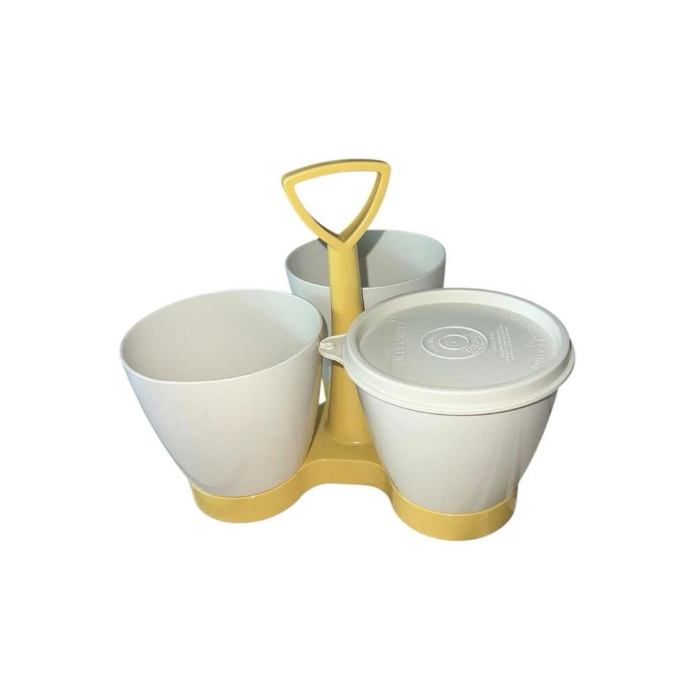 Vintage Tupperware Condiment Dip Caddy 3 Container Server with Holder Gold 733-1